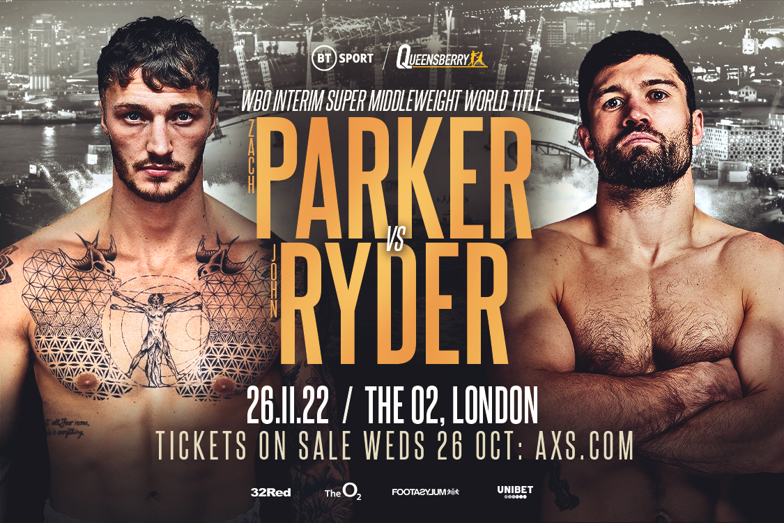 #AXSONSALE Zach Parker & John Ryder will battle it out for the WBO Intermin Super Middleweight World Title at @TheO2 on 26th November 2022. ⏰ Tickets are on sale now 🎫 w.axs.com/JAws50Lku27