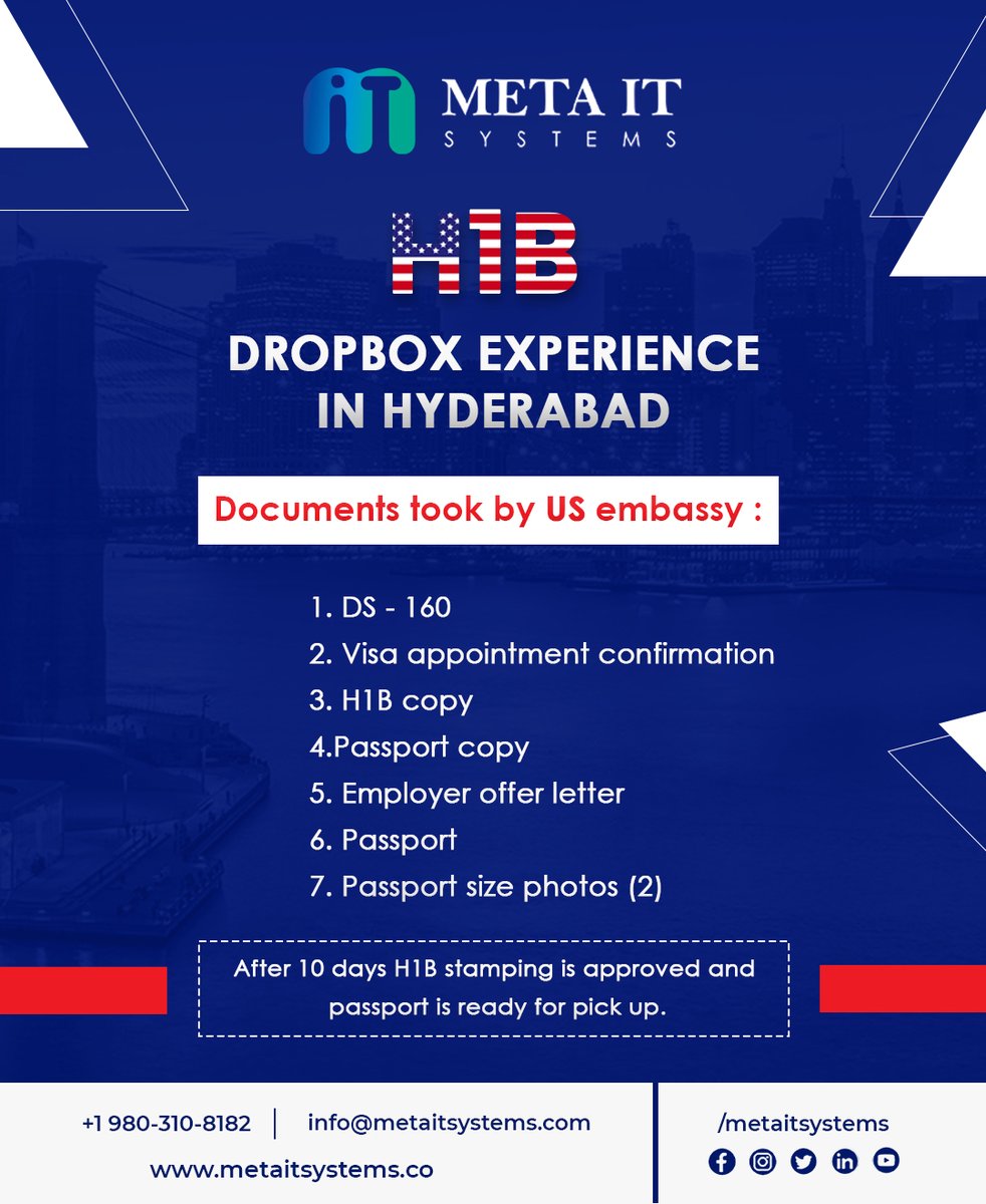 metaitsystems's tweet photo. H1B Dropbox experience in Hyderabad
#recruiting #metait #hiring #jobsearch #metaitsystems #devops #employment #job #staffingagency #work #h1b #nowhiring #frontend #fullstack #developer #html #jquery #recruiter #careers #javadeveloper #dataengineer https://t.co/lLkOPRXqbd
