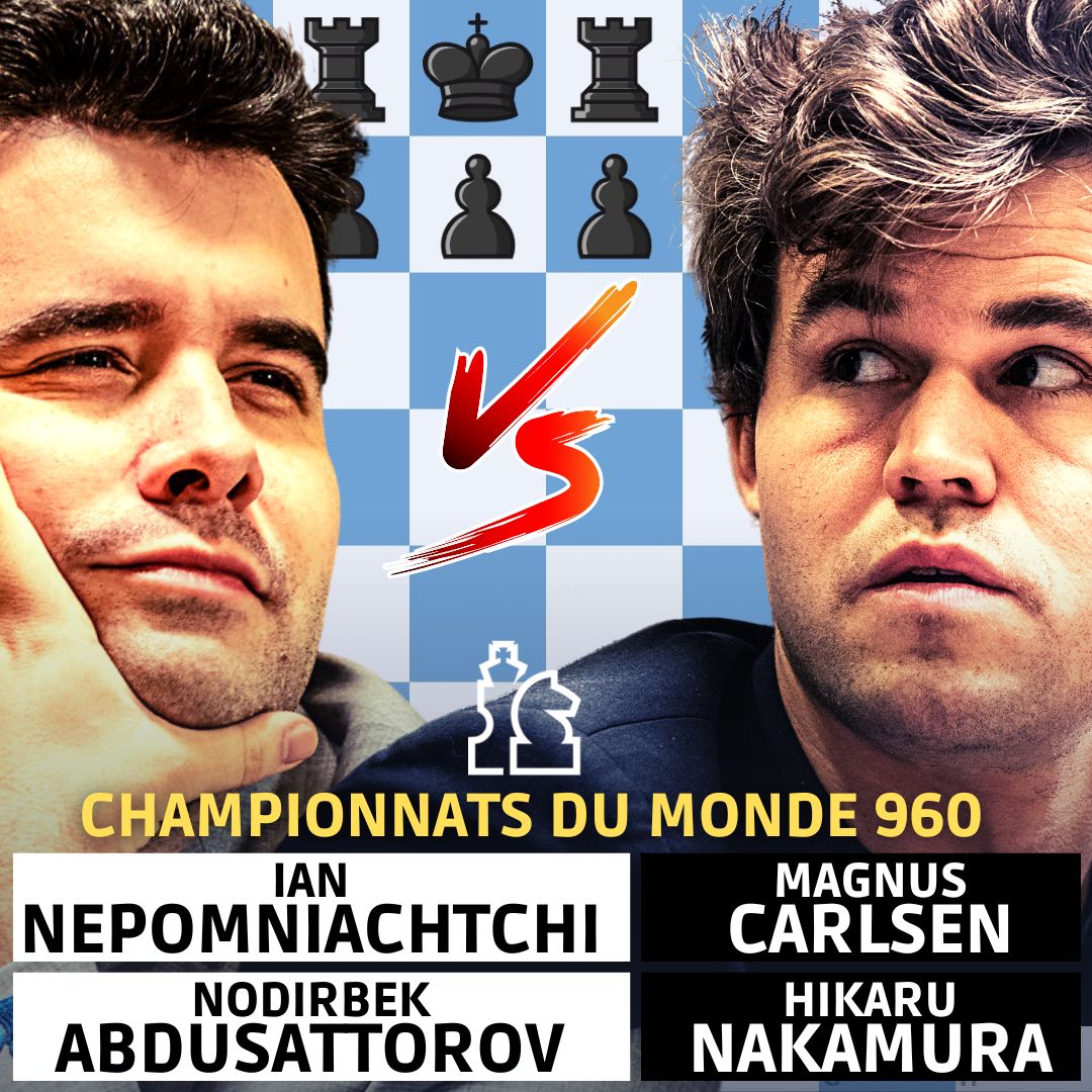 EuropeEchecs's tweet photo. 💥 L'heure de la revanche pour Nepomniachtchi ?
🔔 En direct samedi à 17h : demi-finales du Championnat du monde de Fischer Random Chess
♟ Présentation sur https://t.co/3lYyOBAzSD
🔥 Suivez les parties sur https://t.co/S936BuD0qb
#FischerRandomWC #frchess https://t.co/mxIoX7gQId