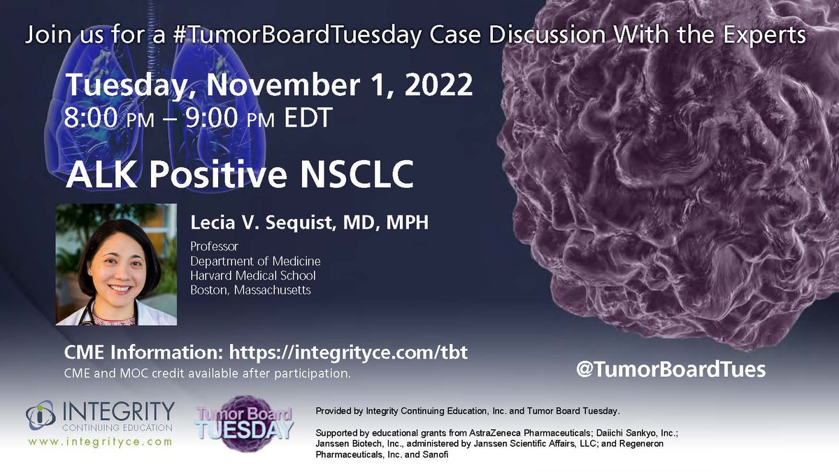 Set a ⏲ to join us here on #TumorBoardTuesday!! 📅 Tues 11.01.22 at 8pm ET 👩🏻‍⚕️ @LeciaSequist 📰 ALK positive #NSCLC #LungCancer 🫁 While we finalize the case, collect FREE #CME (AMA & MOC) 👉🏽 integrityce.com/tbt 👈🏼#OncTwitter