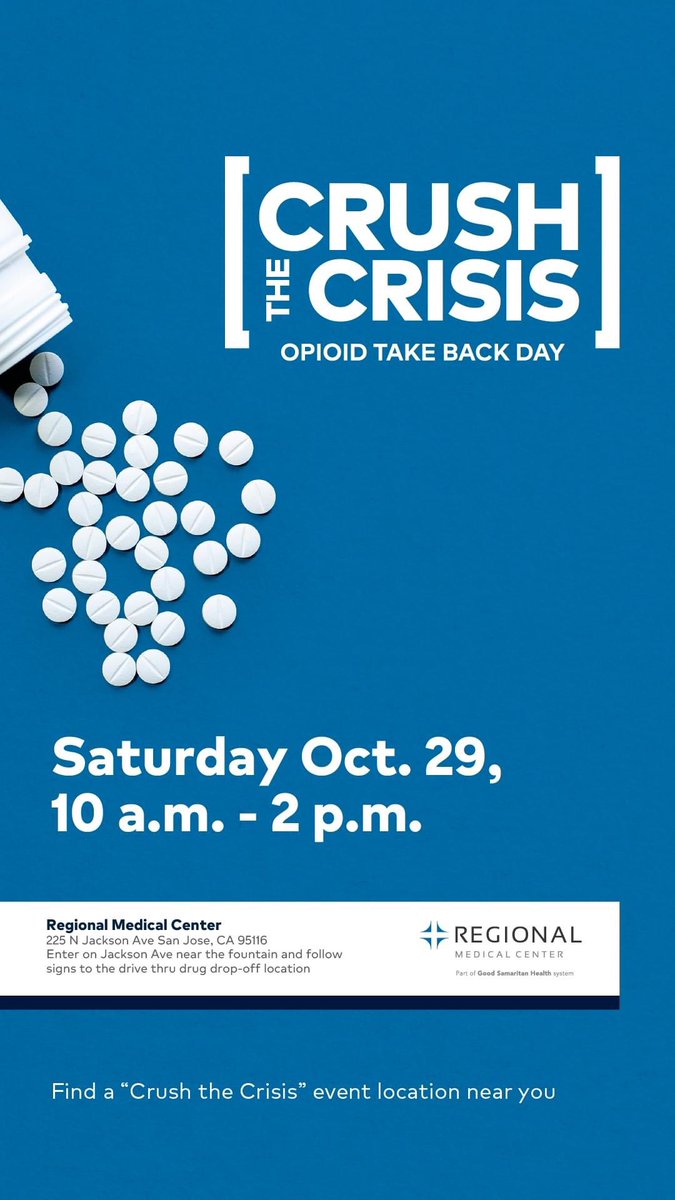 It's #TakeBackDay ! Help us #CrushTheCrisis today from 10 AM to 2 PM by bringing your unused medication to Regional Medical Center 225 N Jackson Ave. San Jose, CA drop-off location for proper disposal.