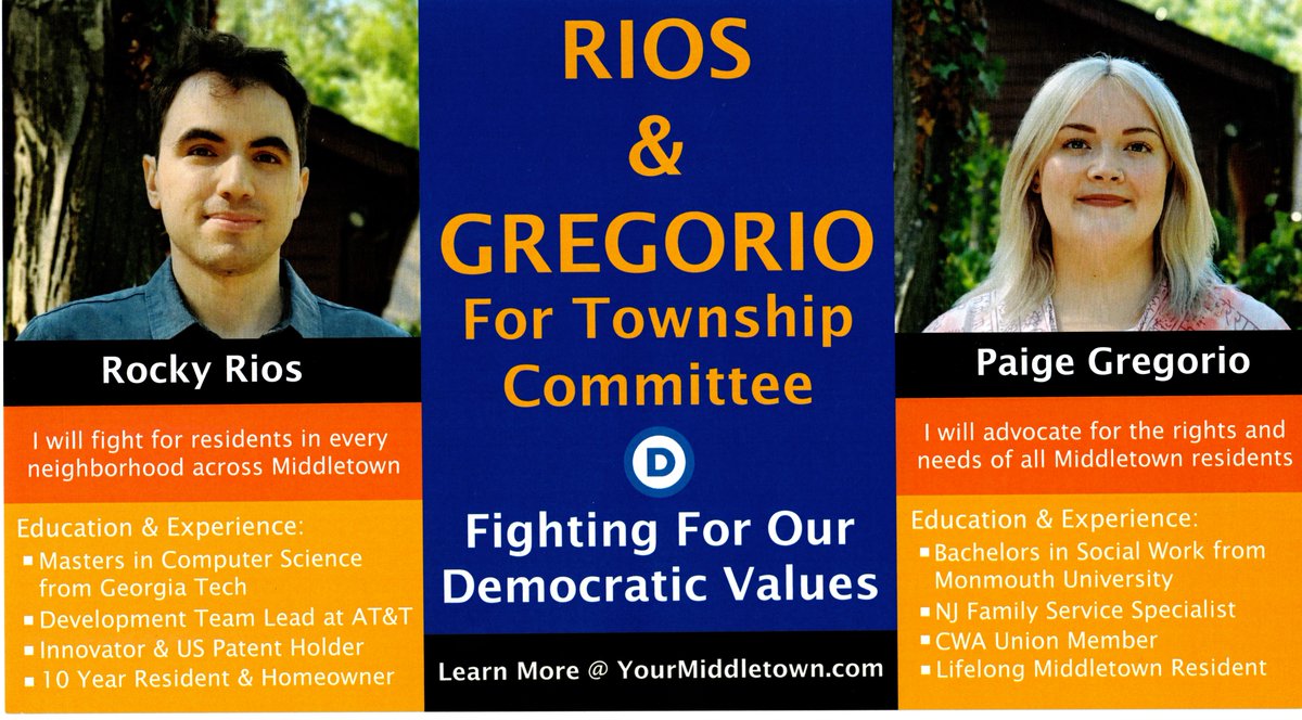 MiddletownDems's tweet photo. in Middletown NJ, vote Rios &amp; Gregorio for Township Committee. They are the only ones who will fight for our values. #LGBTQIA #reproductivechoice #environment #familyvalues #taxpayers #smartgrowth #yourmiddletown https://t.co/eoO54FYaOh