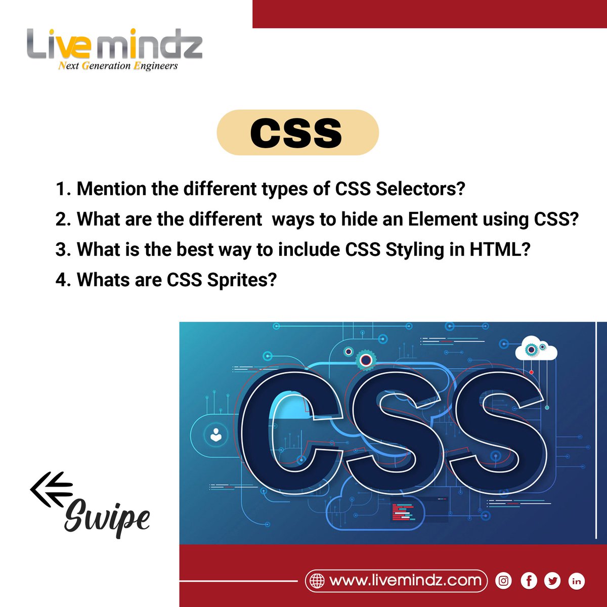 Livemindz1's tweet photo. When you think about web development, you'll almost certainly think of HTML, CSS and Javascript.

In Livemindz's Dev/Programmer Interview series, we give you the commonly asked questions related to these two technologies

#livemindz #java #html #css #developer #programming https://t.co/4TsPEErGxy