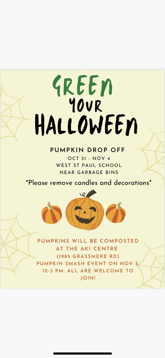 JoshLuna04's tweet photo. Green your Halloween! Once again we are collecting pumpkins at West St Paul School. Next weekend come on down to the Aki Centre to help smash all the pumpkins we collected. https://t.co/hmUbpopCXp