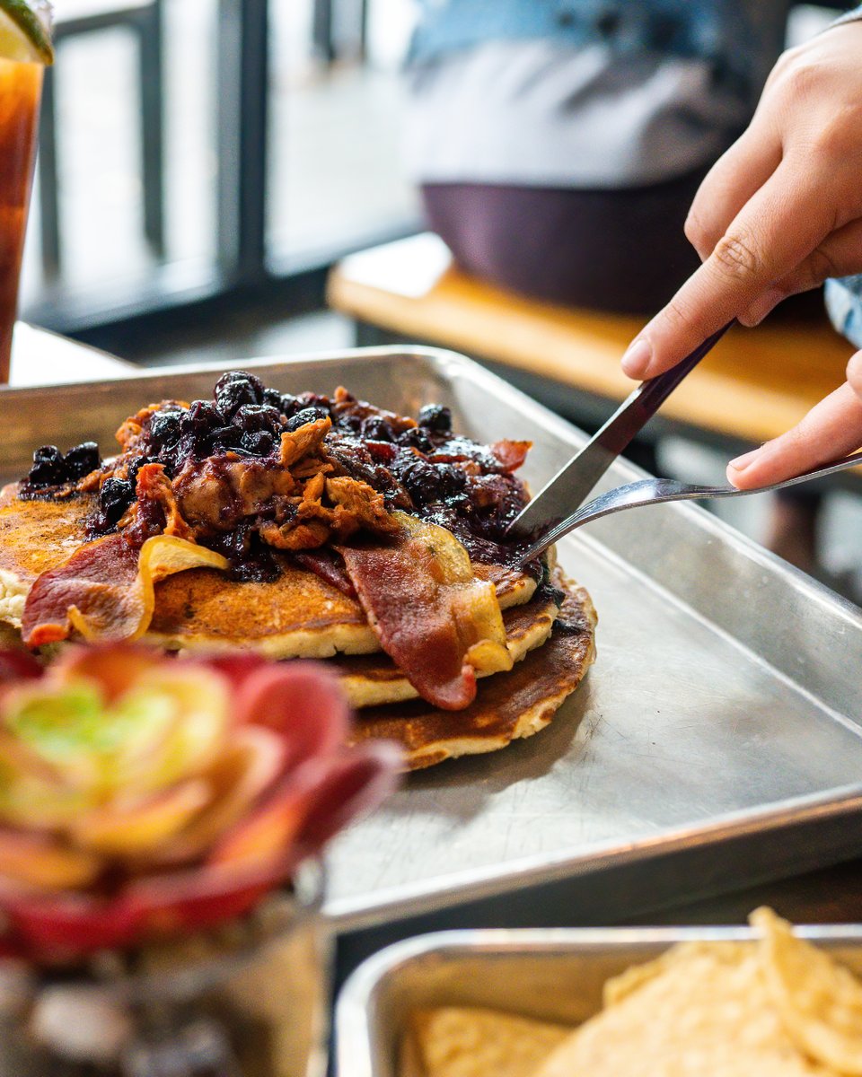 Go hog wild on Porky's Pancakes any time of day with Pork Pastor, Bacon, Blackberry Compote and Maple Syrup! 🐖🥞