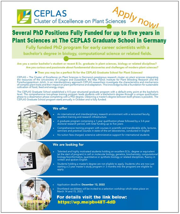 📌 Several PhD Positions Fully Funded for up to five years in Plant Sciences🌱 at The CEPLAS Graduate School in Germany 🇩🇪... Please Retweet and spread the word! For details visit the link below👉 wp.me/pbv48T-4dD