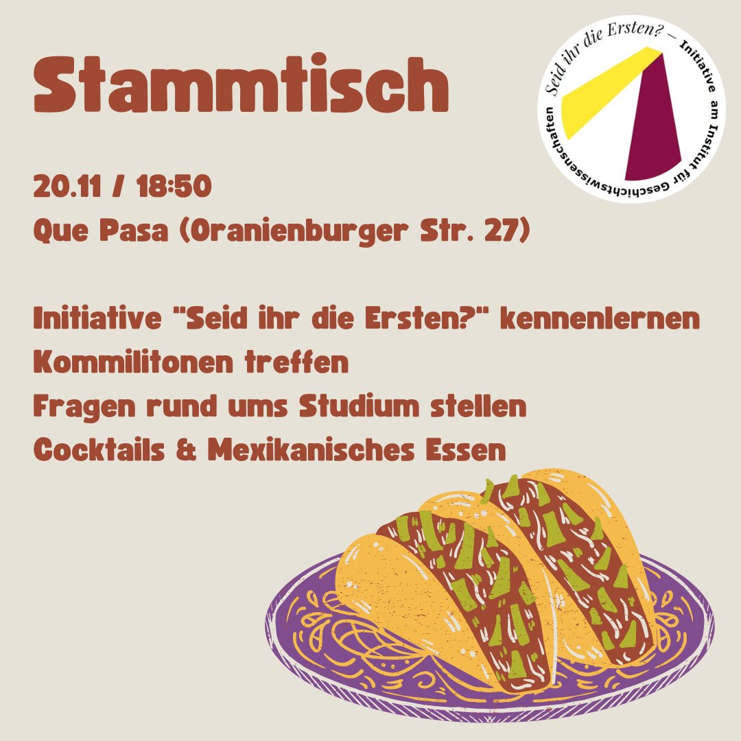 Ihr habt entschieden: Unser nächster #Stammtisch ist am 20.11 um 18:50 im Que Pasa in der Oranienburger Str. 27. Lernt unsere Initiative kennen, tauscht euch mit Kommilitonen aus und bringt eure Fragen zum Studium mit! Wir freuen uns auf euch!