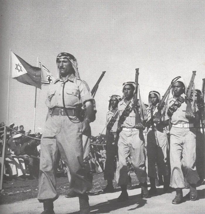Bedouin soldiers in the IDF, 1949. At the time it was known as Unit 300 but was later renamed Sword Battalion and included Muslim, Druze, and Christian soldiers. The unit was disbanded in 2015 since nowadays most non-Jewish soldiers prefer to integrate in Jewish-majority units.