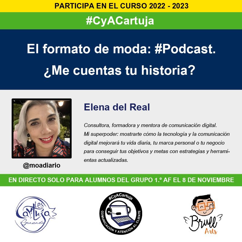 Y el próximo día 8 de noviembre en riguroso directo para #CyACartuja una gran profesional <a href="/moadiario/">Elena del Real</a>, que nos introducirá en el formato de moda en la actualidad #Podcast 

¡No te lo pierdas! ¡Seguimos aprendiendo con los mejores! 👏🏻👏🏻

#FP #Comunicación <a href="/iescartuja/">IES Cartuja</a> <a href="/FPAndaluza/">Formación Profesional Andaluza</a>