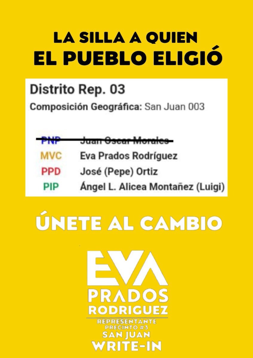 prpidecambio's tweet photo. ¿Quienes se apunta para hacerle campaña a Eva?
La Alianza empieza por el pueblo.
Únete con un RT.
#EvaVa #EvaWriteIn #nirojosniazules
#Precinto3 #Eva2022 https://t.co/EJmDto4fX1