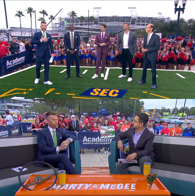 bhofheimer_espn's tweet photo. Credit to @MartySmithESPN, who has host duties on both #MartyMcGee and #SECNation this morning from Jacksonville on @SECNetwork w/ Laura Rutledge in London for tomorrow's #DENvsJAX NFL game. https://t.co/t9kJyM3NAL