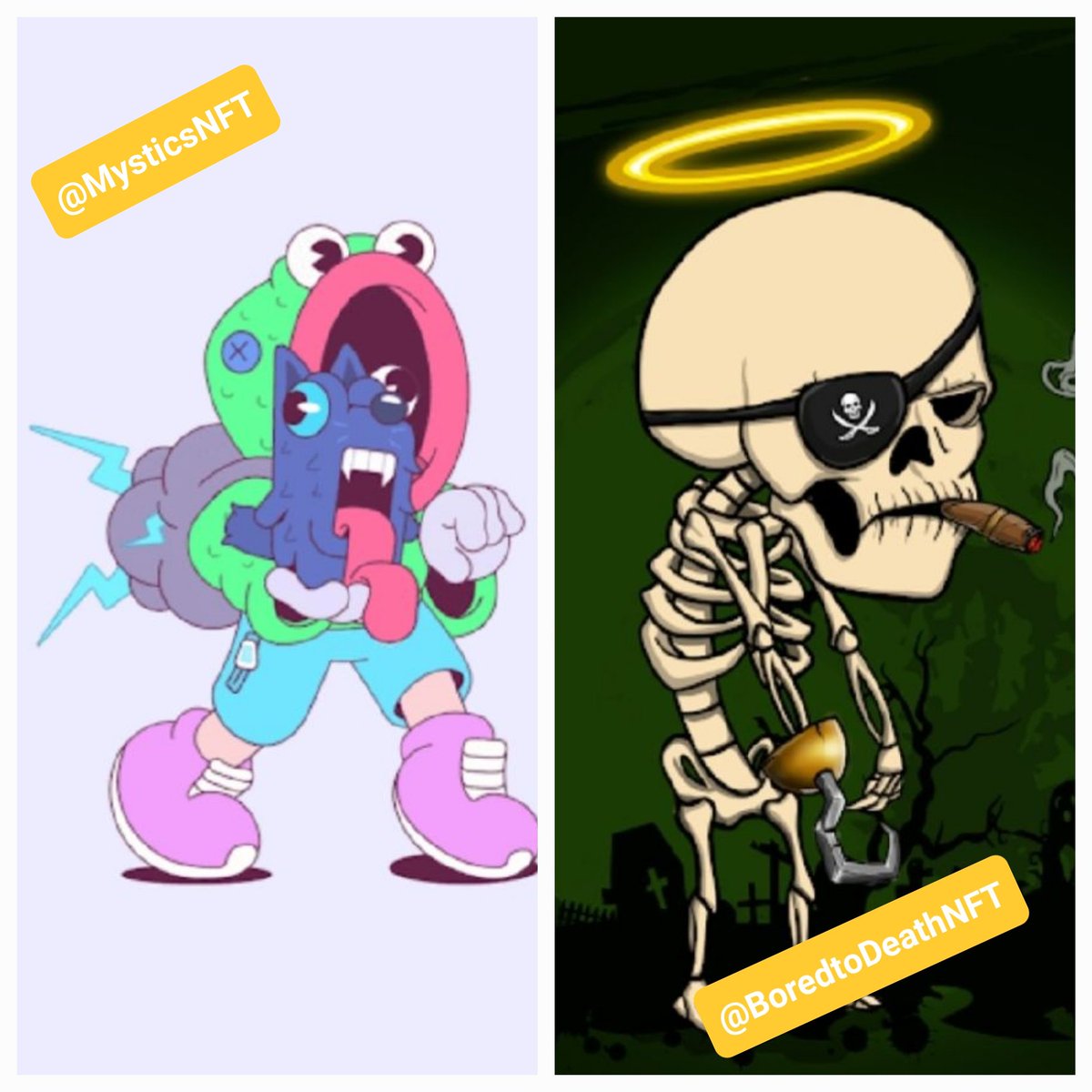 Just won these two beauties <a href="/MysticsNFT/">Mystics</a> (albeit, slightly scary beauties) with <a href="/BoredtoDeathNFT/">Bored to Death (Free Mint)</a> ... Thank you! Having a blast so far. Happy Halloween! 😈

Come and join people... <a href="/BoredtoDeathNFT/">Bored to Death (Free Mint)</a> is the place to be with a great community and just good chilled vibes and fun!!