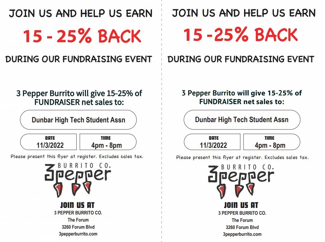 Hey <a href="/LeeSchools/">School District of Lee County</a> #swflorida!  Are you hungry?   November 3rd 4-8pm at 3 Pepper Burrito Co at The Forum - 3260 Forum Blvd.  15-25% goes back to <a href="/DunbarHighFL/">Dunbar High School</a> Technology Student Association.   Please support Dunbar TSA!  #dinner #togo #hungry #fundraiser
