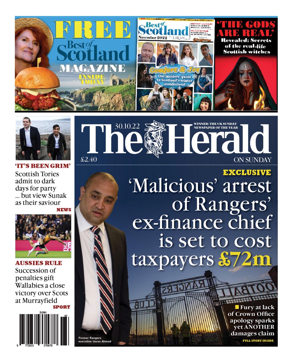 Herald on Sunday: 'Malicious' arrest of Rangers' ex finance cheif is set to cost taxpayers £72m #TomorrowsPapersToday