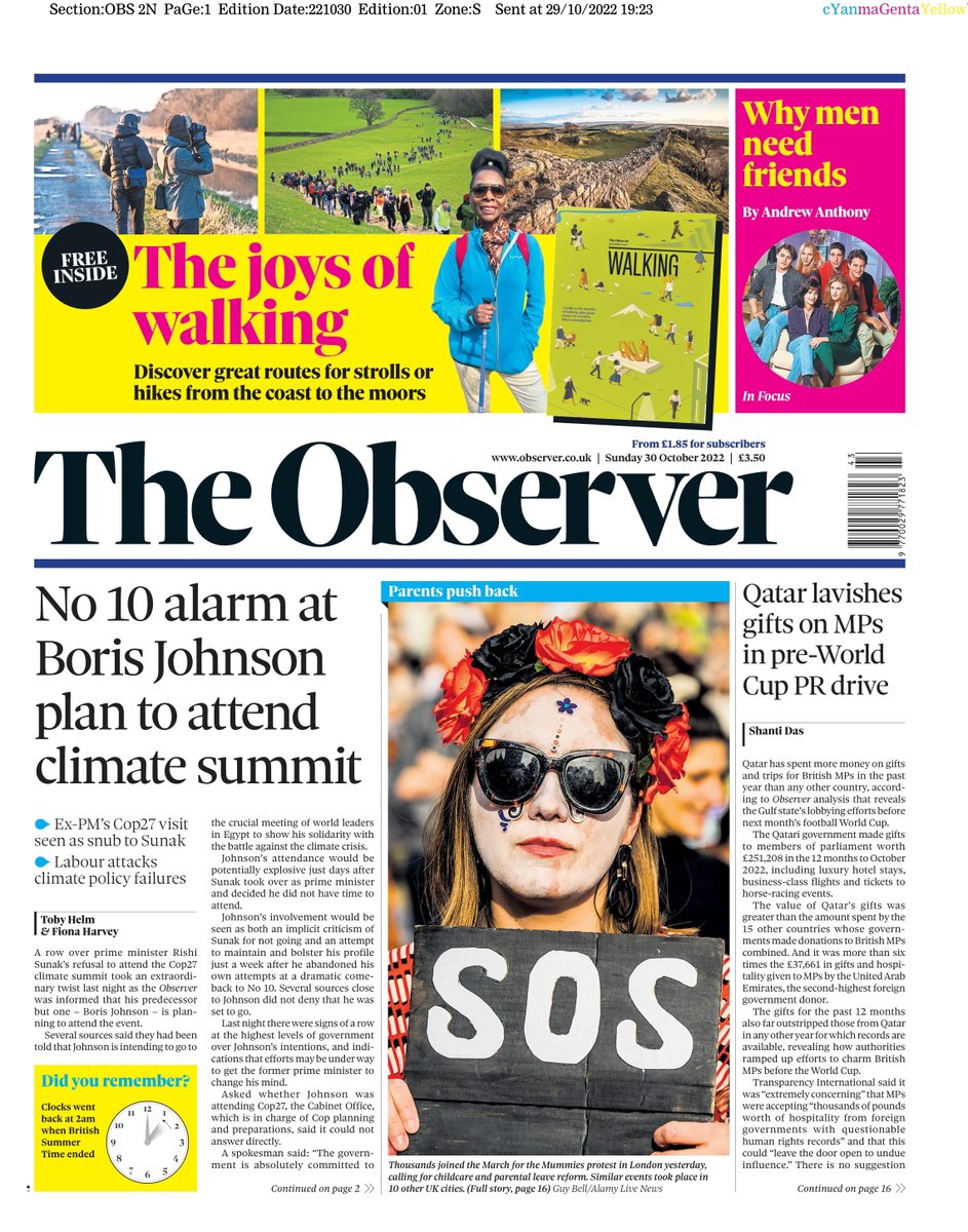 Observer: No 10 alarm at Boris Johnson plan to attend climate summit #TomorrowsPapersToday