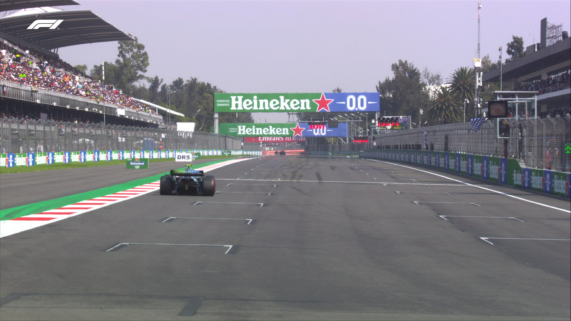 A rear-facing shot of the back of Sebastian Vettel's car as he crosses the finish line in Q1.