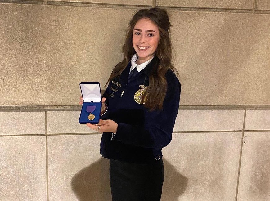 Marion HS Ag. Sales team at the National FFA Convention in Indianapolis. The team ended up 16th in the nation! 
The team members:
Brooke Reininger-7th High Individual (Gold emblem)
Kase Kelso- Gold Emblem
Mattie Reiley- Bronze Emblem
Kayle Lott- Bronze Emblem  #marionisdtopdogs