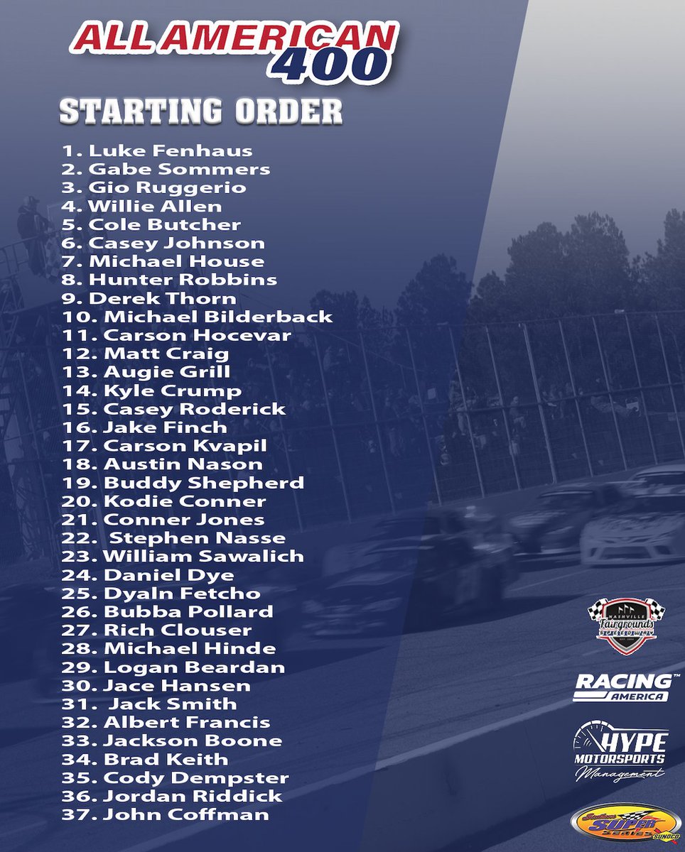 37 cars will take the green flag for today’s @UsTankCryogenic All American 400! Check out the complete starting order and be sure to tune into @racingamerica. #FastCarsBigStars | @RaceFairgrounds