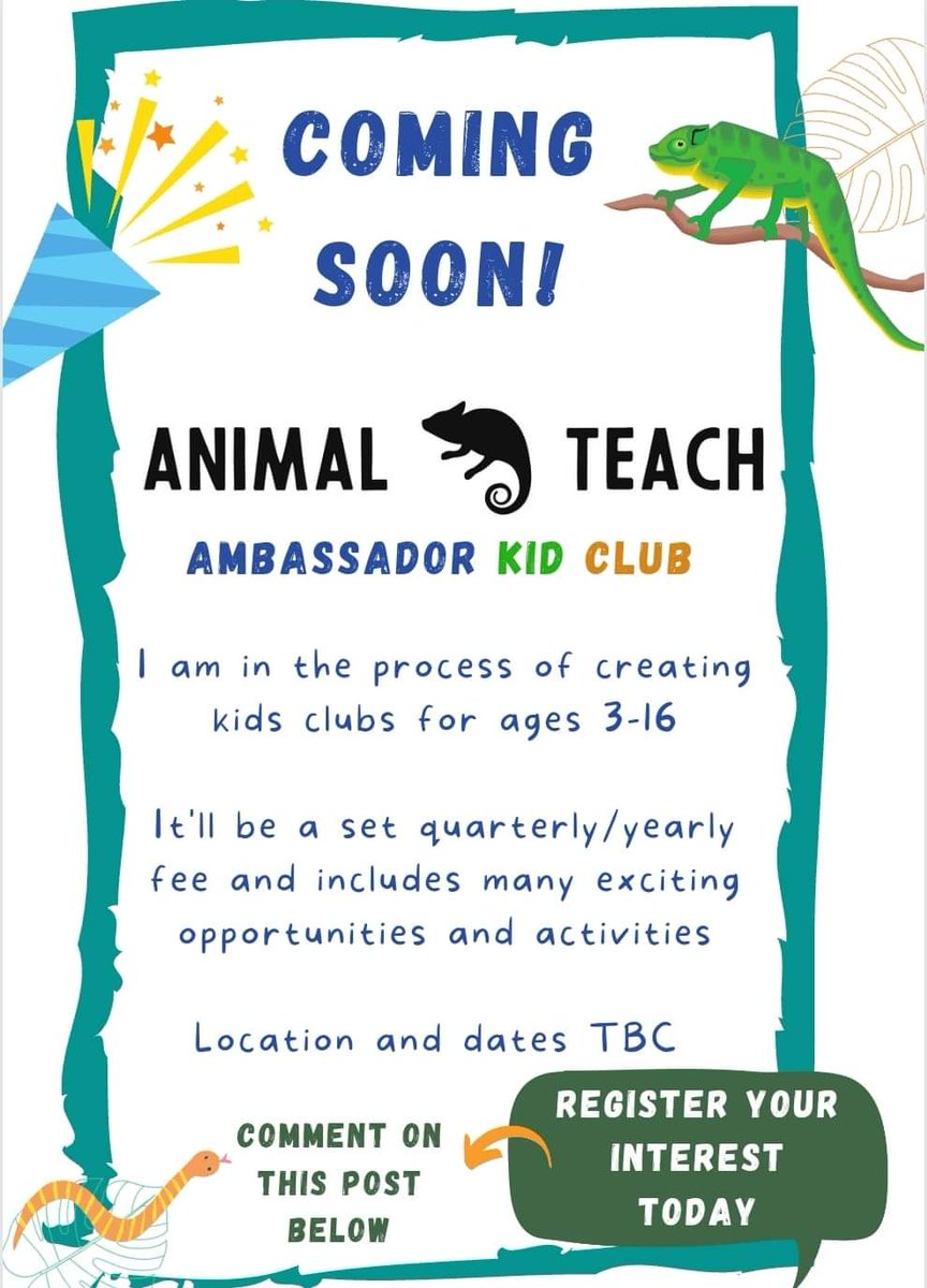 I was going to wait until tomorrow to post this, but I'm just too excited 🎉 Planning is underway for a new kids club in Halton - The Animal Teach Ambassador Kids Club! Before the final details go live, please read below 🦎