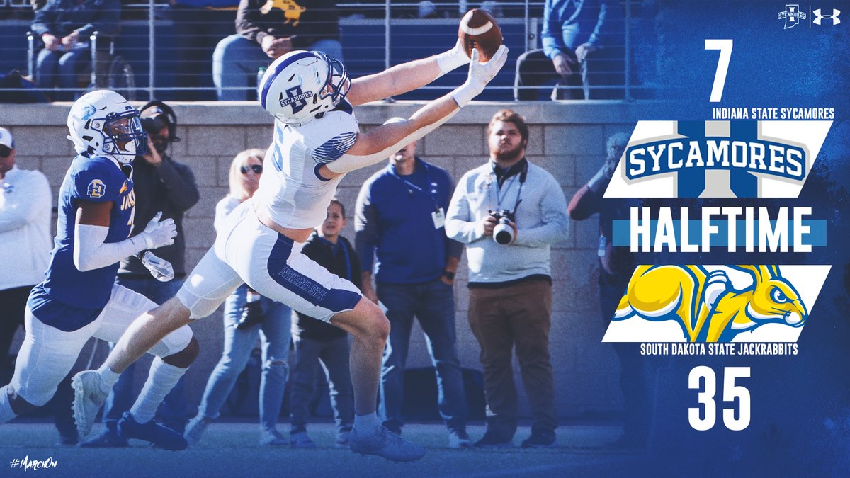 .@Harry_VanDyne with the highlight catch put the Sycamores on the scoreboard in the second quarter. Heading into the locker room with work to do against No. 1/1 Jackrabbits #MarchOn | #LeaveNoDoubt