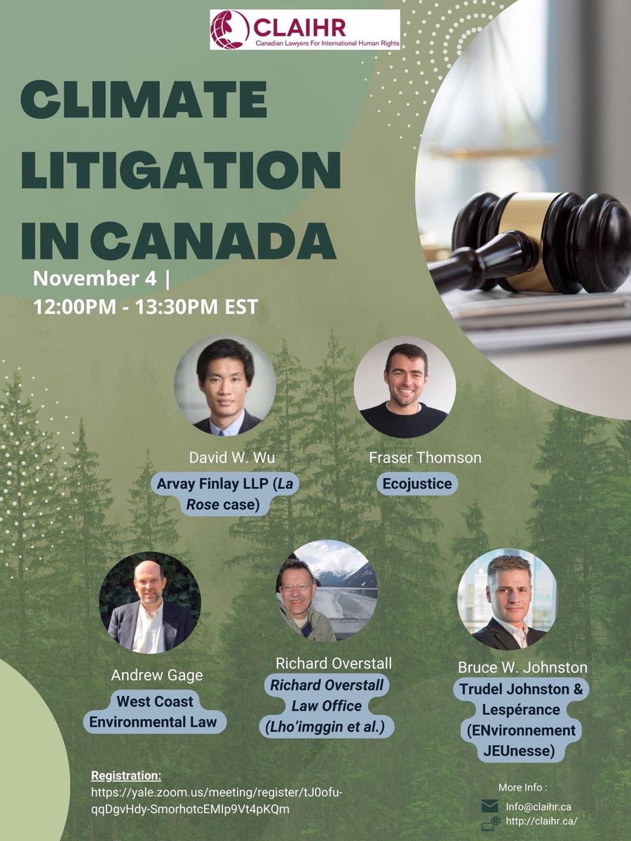Join <a href="/CLAIHR/">CLAIHR (@CLAIHR.bsky.social)</a> on Friday at 12 ET for a timely discussion of climate litigation in Canada with <a href="/WCELaw/">West Coast Environmental Law</a> @ecojustice_ca <a href="/ArvayFinlay/">Arvay Finlay LLP</a> &amp; more. Learn more here: bit.ly/3Wcjz9E