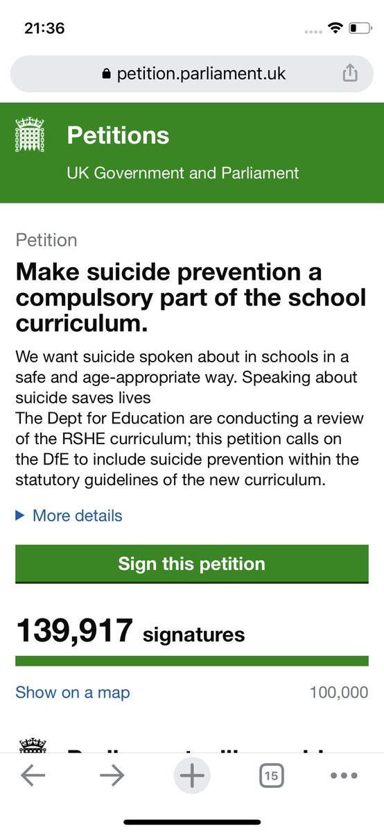 Our petition is approaching 140,000. At the moment it’s the 4th biggest on the @GOVUK petition page. Please keep signing and sharing - we need to keep pressure on the government. Talking about suicide saves lives. #helpsaveyounglives #SuicidePrevention petition.parliament.uk/petitions/6233…