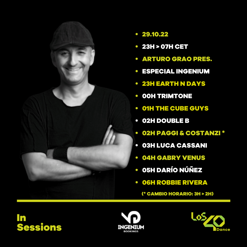 LOS40Dance (@los40dance) on Twitter photo En 3, 2,... #LOS40DanceInSessions
w/ Arturo Graoπ
Especial <a href="/IngeniumBooking/">Ingenium Bookings</a>
β<a href="/EarthnDays/">Earth n Days</a>
β<a href="/trimtonemusic/">Trimtone</a>
β<a href="/THECUBEGUYS/">TheCubeGuys</a>
β#DoubleB
β<a href="/PaggivsCostanzi/">Paggi & Costanzi</a>
β<a href="/LucaCassani1/">Luca Cassani</a>
β<a href="/GabryVenus/">Gabry Venus</a>
β@djdarionunez
β<a href="/RobbieRivera/">Robbie Rivera</a>
π± onelink.to/los40app
π» play.los40.com/programa/los40β¦ En 3, 2,... #LOS40DanceInSessions
w/ Arturo Graoπ
Especial <a href="/IngeniumBooking/">Ingenium Bookings</a>
β<a href="/EarthnDays/">Earth n Days</a>
β<a href="/trimtonemusic/">Trimtone</a>
β<a href="/THECUBEGUYS/">TheCubeGuys</a>
β#DoubleB
β<a href="/PaggivsCostanzi/">Paggi & Costanzi</a>
β<a href="/LucaCassani1/">Luca Cassani</a>
β<a href="/GabryVenus/">Gabry Venus</a>
β@djdarionunez
β<a href="/RobbieRivera/">Robbie Rivera</a>
π± onelink.to/los40app
π» play.los40.com/programa/los40β¦