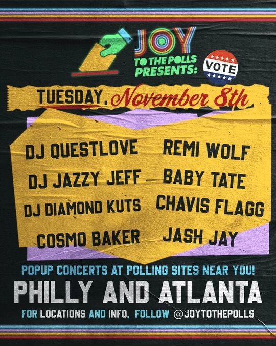 This lineup! #VOTE in the #midterms and follow us to find out where DJ @questlove, @remiwolf, @djjazzyjeff215, @djdiamondkuts, @cosmobaker, @iambabytate, @chavisflagg + @thejashjay will be popping up in #Philly + #Atlanta on #electionday Nov. 8! 👀 #pavotes #gavotes #midterms2022