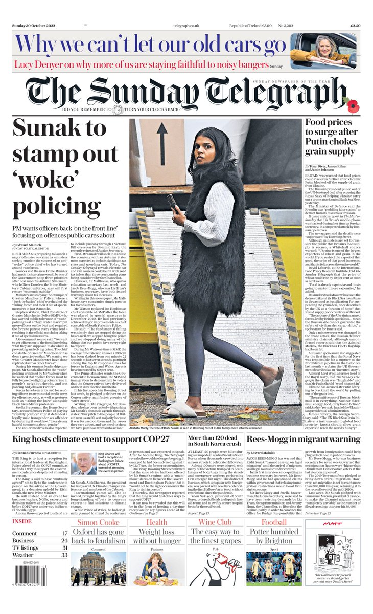 Telegraph: Sunak to stamp out ‘woke’ policing #TomorrowsPapersToday