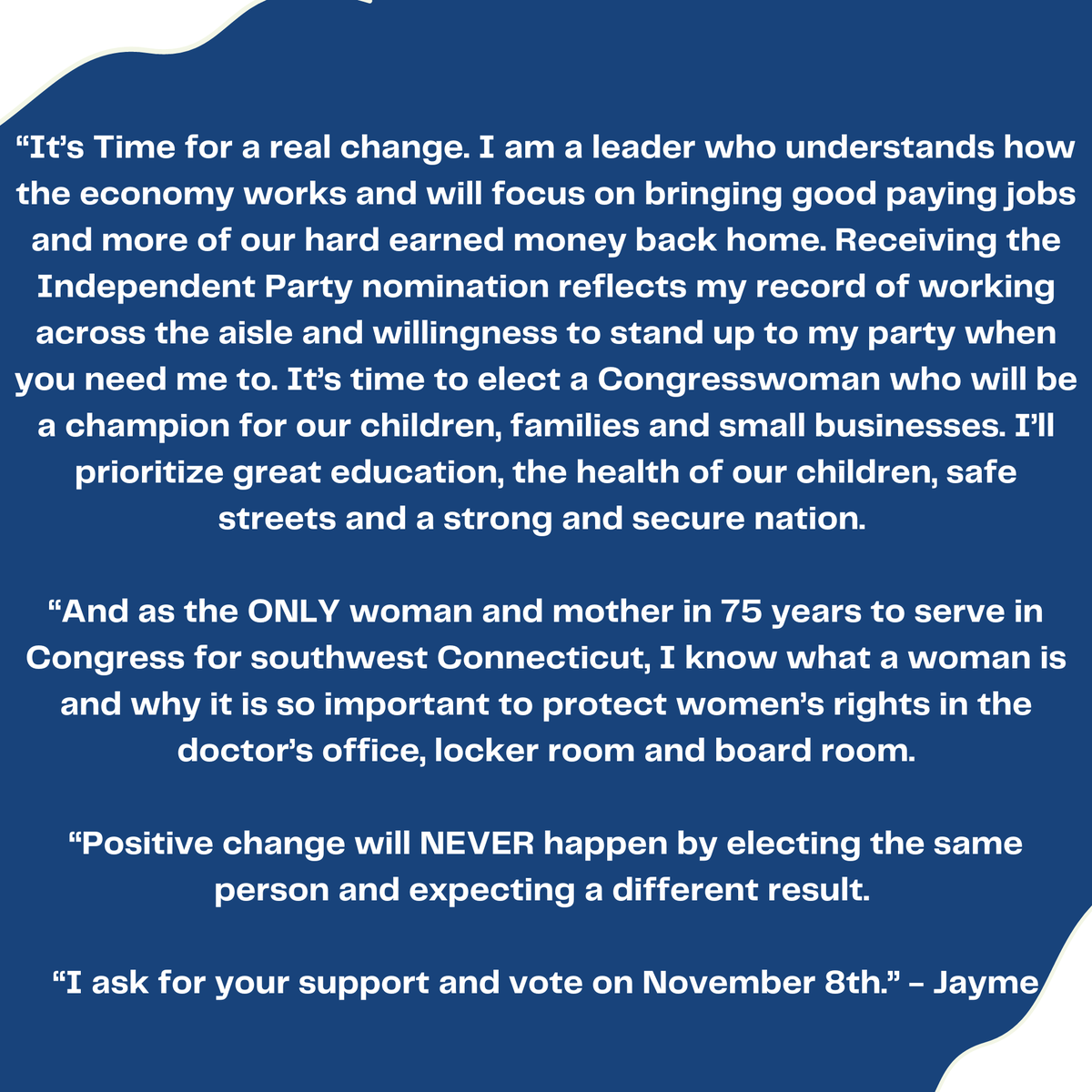 JaymeStevenson's tweet photo. ICYMI: My final statement as the debate a few weeks ago. Change cannot happen if you keep electing the same person and expecting different results.
I will be a Champion for Connecticut in Washington as your next Congresswoman.
#TeamJayme #USCongress #Election2022 #Connecticut https://t.co/ANvUzGKIbE