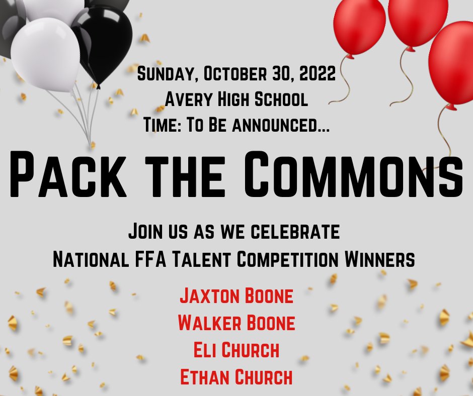 Join us in celebrating our National FFA Talent Competition Winners.  Bring a poster and let's pack as many people in the commons at the high school as possible.  No exact time yet, but check your social media regularly for updates. It's looking like somewhere between 3-4.