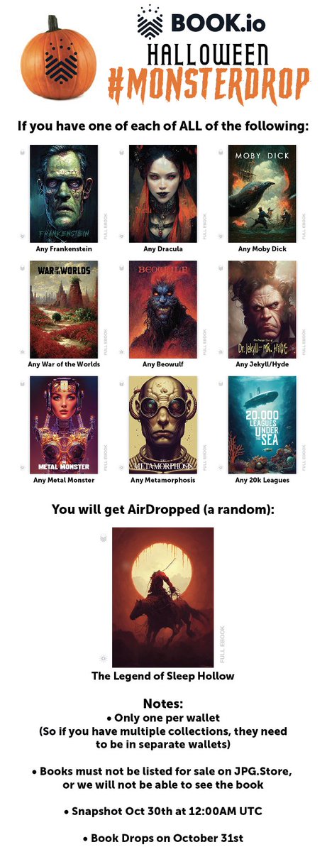 book_io's tweet photo. The Snapshot for the #MonsterDrop is happening in a little over 7 hours. Make sure you have all of your books in 1 wallet, and they are NOT listed for sale.
If you have multiple sets, be sure they are placed in multiple wallets! https://t.co/cwROb5xyqW