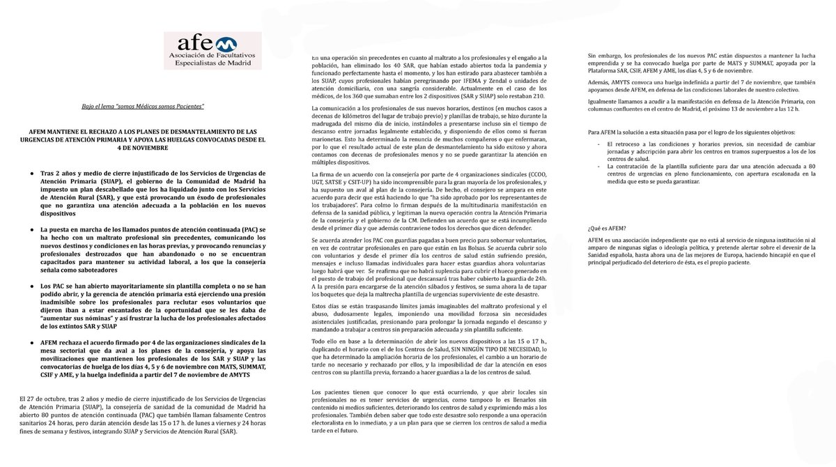AFEM2012's tweet photo. Afem apoya las huelgas convocadas a partir de noviembre 2022 por en protesta por la nefasta implantación de los Centros Sanitatos 24h en Madrid. https://t.co/9d1plQtsSo