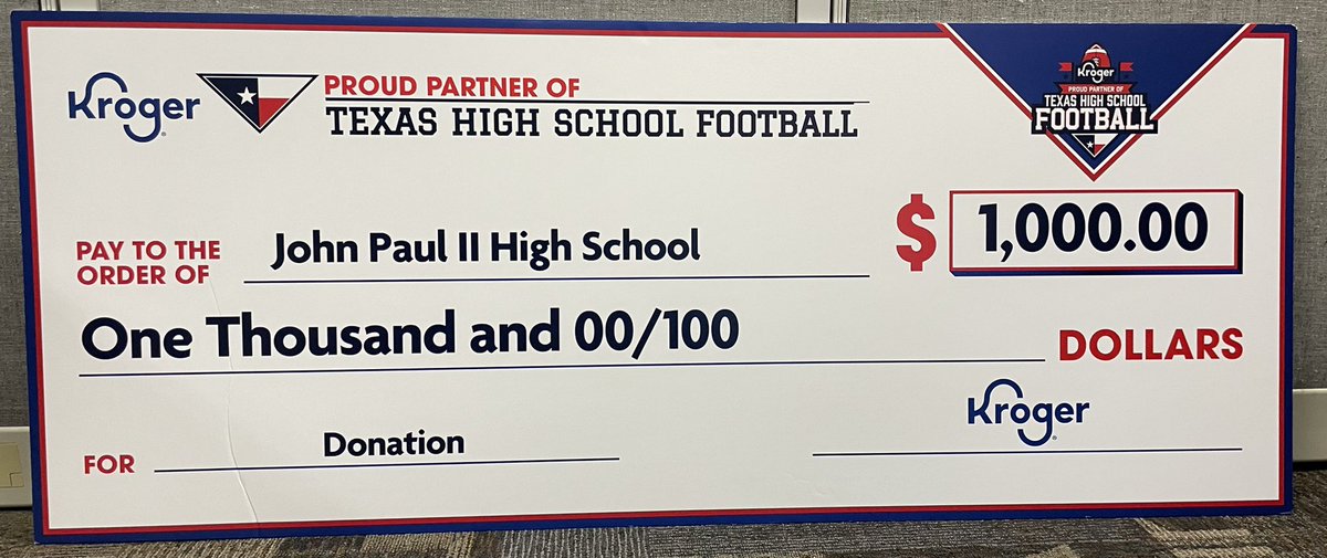 Thank you to @krogerco for the support of @JPIIHS_Football. Texas high school football is special! #krogerkindness #OutWorkEveryone #TexasHighSchoolFootball