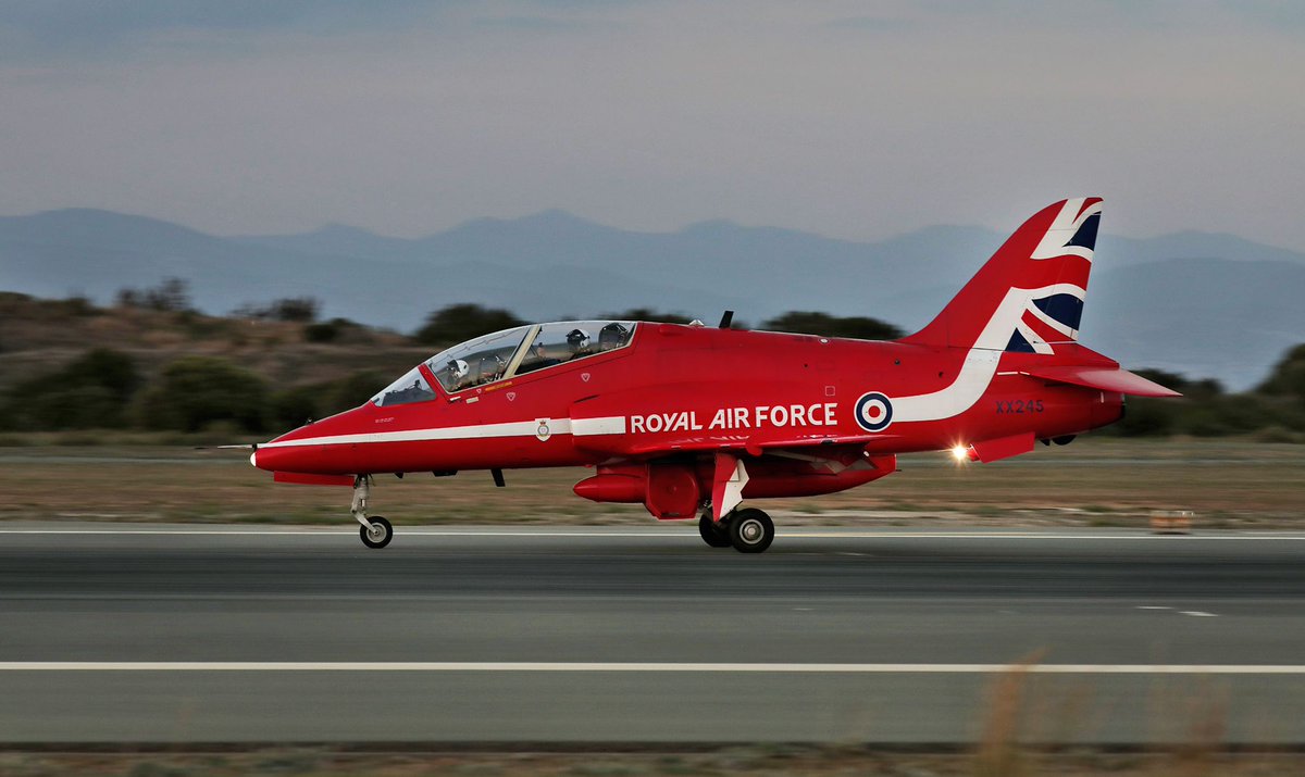 RAFAkrotiri's tweet photo. Return of the Reds! 🛩
The Royal Airforce Aerobatic Team (RAFAT), the Red Arrows, return to Cyprus today as part of Op EASTERN HAWK. They will be using RAF Akrotiri as a staging post before continuing to tour the Middle East and Egypt. Welcome back! @rafredarrows https://t.co/7LYSl0sUNM