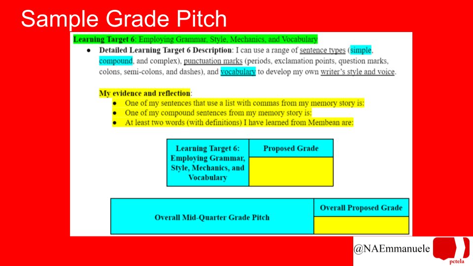 One week ago, I presented on Student Self-Assessment and Going Gradeless at #PCTELA22. 

We had a fruitful discussion on what grades, assessment, and reporting means and does. I then shared my journey of assessment.

#ungrading #sblchat #TG2chat @PCTELANews #NCTE22