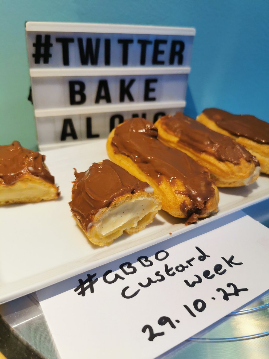philsburybakes's tweet photo. Thanks for everyone who tuned in today. #rogueweek 😂 AKA #custardweek.
#GBBOTwitterBakeAlong 
Really enjoyed this week's live with @thebakingnanna1 
Custard filled chocolate eclairs.... with a tag 🤣🤣🤣 https://t.co/b1R1T4qM8V