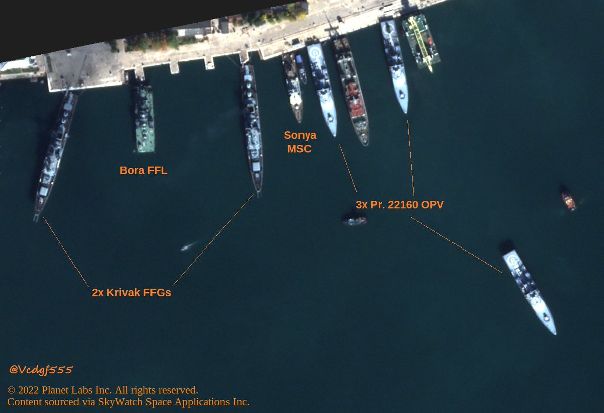 Planet Labs 0.5m resolution pass via Skywatch for Sevastopol harbor yesterday (October 28, 2022) at 44.62266, 33.556237 showing 🇷🇺 Russian Navy Krivak FFGs, a Bora FFL, 3x Pr. 22160 Patrol Vessels, a Sonya minesweeper & 1 other large (auxiliary?) ship.