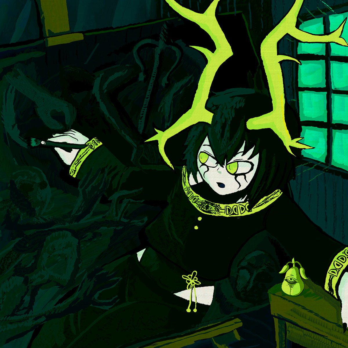 Painting of <a href="/OzzieSneddon/">Oz Pearsall</a> 
Inkyween day 28 "Forbidden Love"

I feel like this idea has been in my head for a long time!
Pearsall has been an amazing person to meet in VRchat &amp; seeing their work in the gallery is amazing! Do check out their gallery
#VRChat #painting #art #inkyween