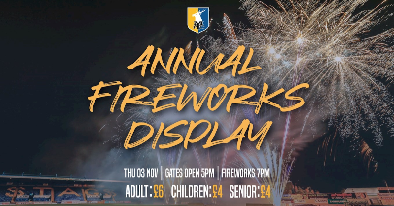 mansfieldtownfc's tweet photo. 💥 Don't miss out on #Mansfield’s premier ticket-only fireworks night on Thursday 03 November at One Call Stadium.

More. 👇

#Stags 🟡🔵