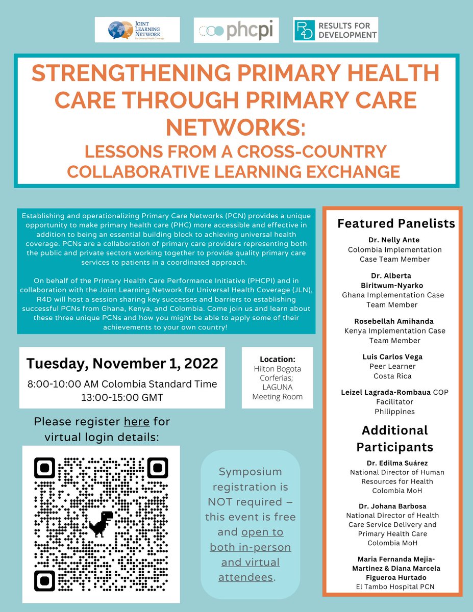 results4dev's tweet photo. Don’t miss “Strengthening Primary Health Care Through Primary Care Networks” — an important conversation with @ImprovingPHC, @JLN4UHC and R4D — about learnings and experiences in using a peer-learning approach for PCNs.

https://t.co/H7vXxIxOMr #HSR2022 https://t.co/gQUWXgtvzg