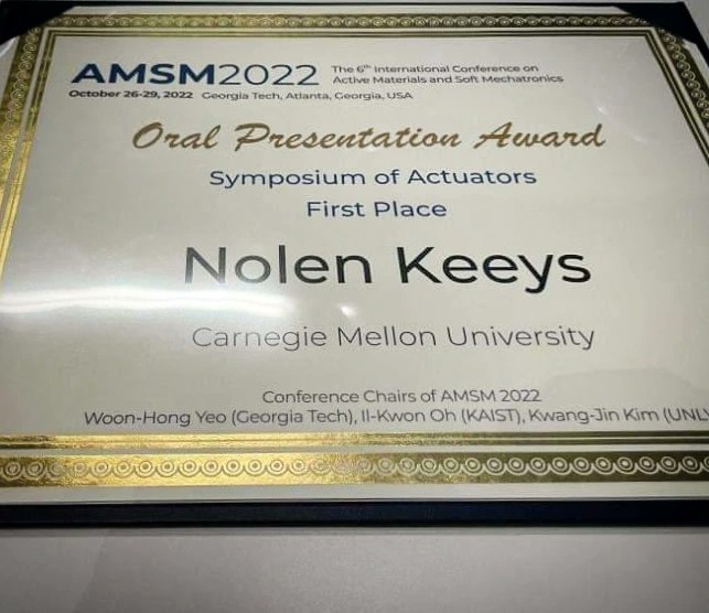 LeDucLab_CMU's tweet photo. We are very proud of our lab members! Nolen Keeys awarded 1st place at AMSM 2022 for his work "Toward New and Efficient Small-Scale Actuators: Investigating Magnetic Thin-Film Deformation Using the Zero-Power Bistable States of an Electromagnet Magnet" https://t.co/Di7Zjf83SL
