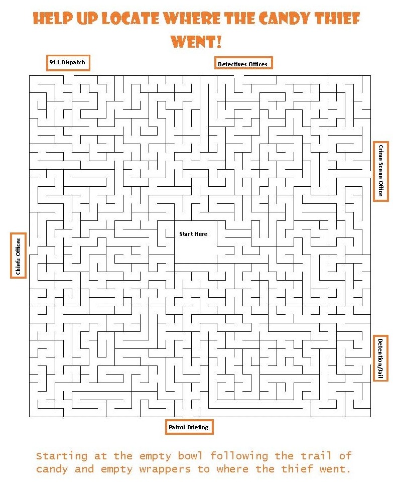 FriscoPD's tweet photo. It's time for the second clue in the Halloween Whodunnit brought to you by FPD's CSI.

There is a trail of candy and empty wrappers leading away from the bowl.  Follow the map and see where it goes! #OurCSIRocks https://t.co/VT3Lw6DJE7