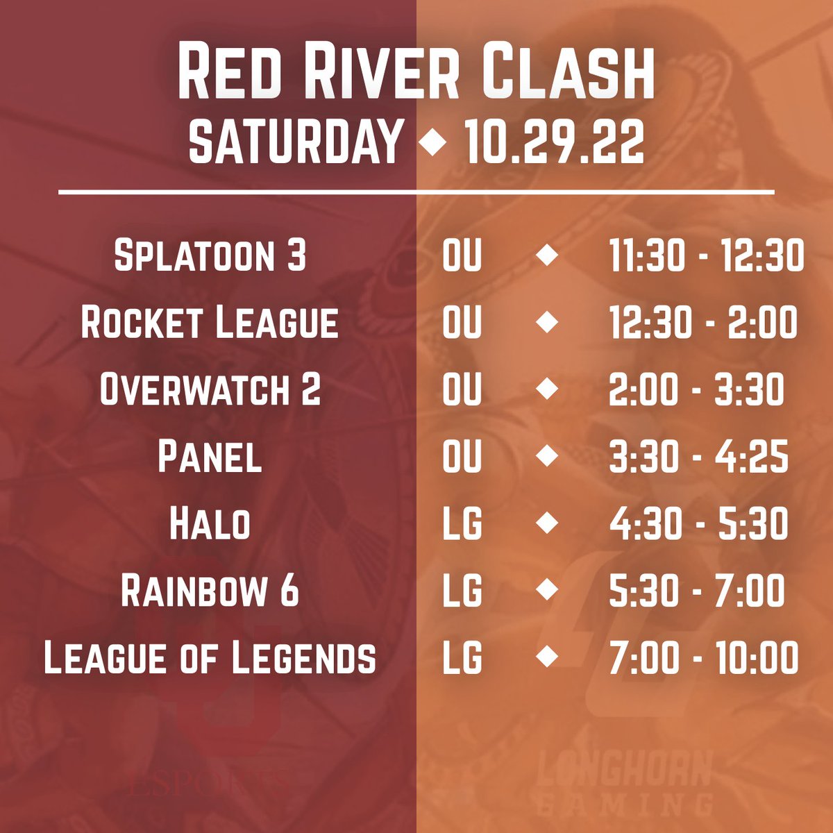 Longhorn_Gaming's tweet photo. The 4th annual Red River Clash has kicked off! Watch these 6 titles clash LIVE at https://t.co/7fDUdCVwwY &amp; https://t.co/NEOT58FWG1. Tune in to cheer for your teams! https://t.co/KYLOkuktyh