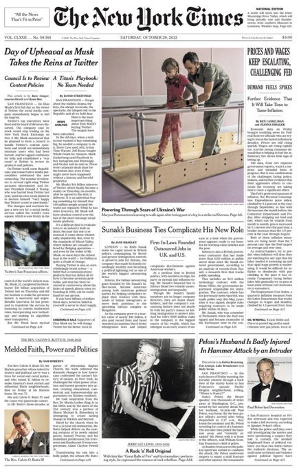 ashtonpittman's tweet photo. LEFT: The New York Times front page when a left-winter shoots a Republican congressman.

RIGHT: The New York Times front page when a right-winger attempts to assassinate the Democratic speaker of the House and brutally beats her husband with a hammer in their own home. https://t.co/j4Mr0XNxuk
