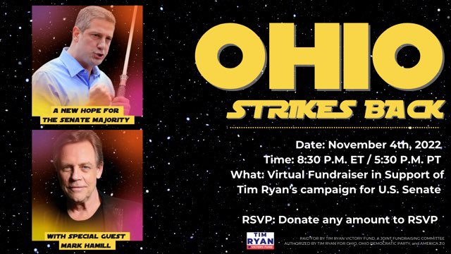 TimRyan's tweet photo. May the (November) 4th be with you.
Donate ANY amount to join @MarkHamill and me for a Zoom event this Friday: https://t.co/n2ZqB1kiUI https://t.co/omI0ZgHxZU