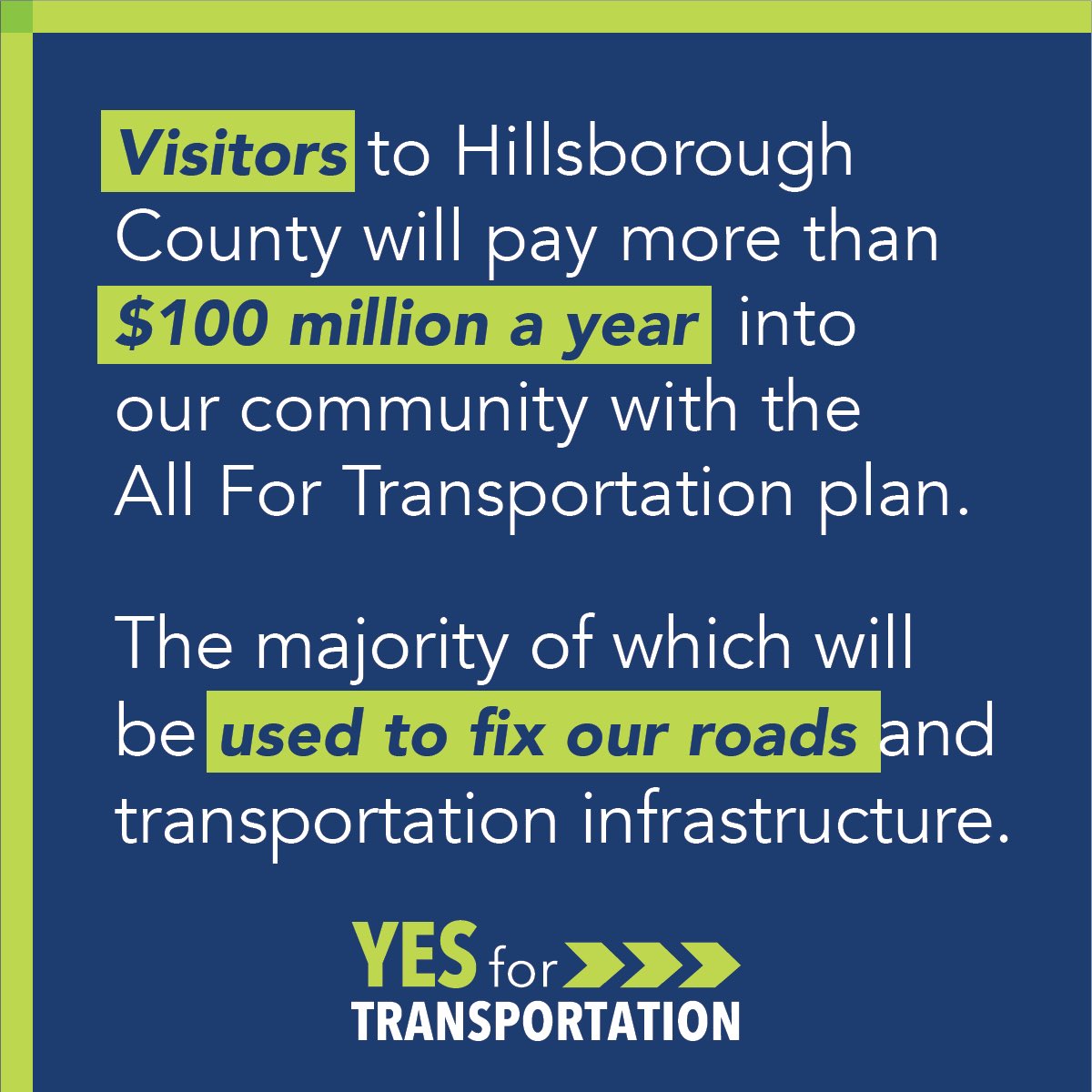 The AFT plan is partly funded by visitors and commuters who use Hillsborough County’s roads, thruways, and transportation infrastructure the most. 

By voting #YESforTransportation, visitors will pay more than $100 million a year into our community.