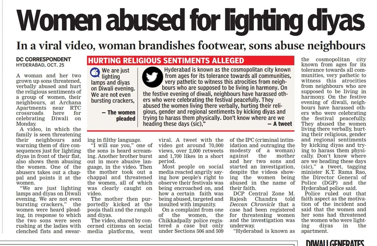 AskAnshul's tweet photo. Update: Finally, Hyderabad police arrested Gona Christopher, his wife &amp; 2 sons for threatening &amp; abusing women for lighting diyas and rangoli decoration on Diwali. https://t.co/wHx4vNGB6z