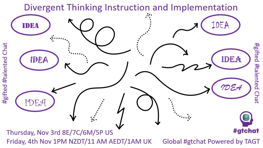 gtchatmod's tweet photo. Join us for Global #gtchat (#giftED #talented) Powered by #TAGT @TXGifted this week (8E/7C 11/3). Our topic: “Divergent Thinking Instruction and Implementation”. #NAGC #edchat #txed #edutwitter #tuesdaymotivations https://t.co/znzMUb9XYG