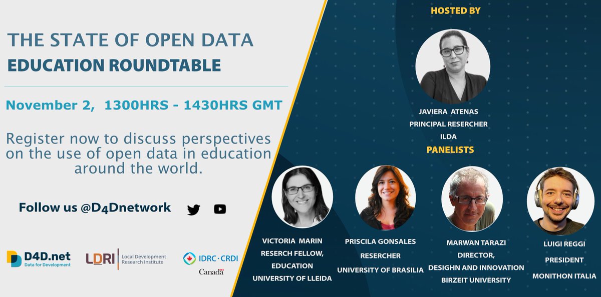 Registration for the State of Open Data Roundtables is now open! join me, @Prigon @luigireggi @vmarinj & @BirzeitCCE’s Marwan Tarazi, at the #Education Roundtable 📅2 Nov 2022 ⏰13h00-14h30 GMT RSVP: bit.ly/3el7GNs #d4dnetwork #education stateofopendata.od4d.net/chapters/secto…